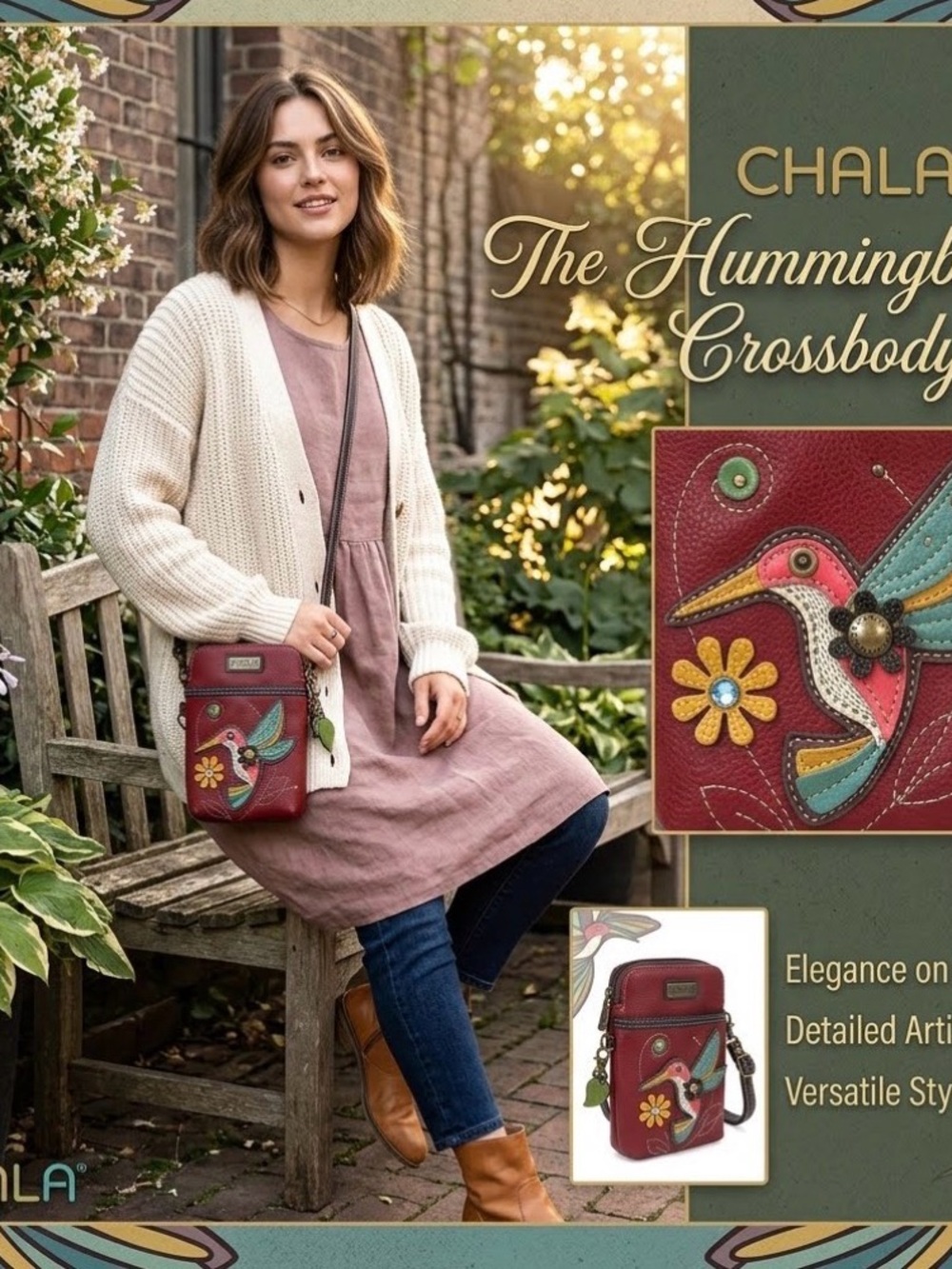 Chala Red Hummingbird Appliqué Crossbody Bag EUC